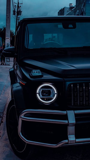 Matte Black Mercedes G Wagon Front View With LED Headlights And Bull Bar HD phone wallpaper
