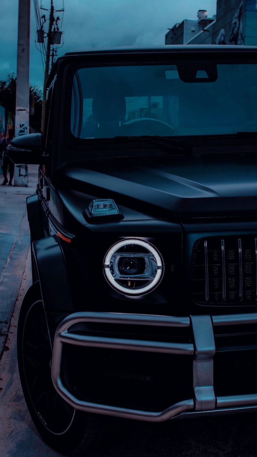 Matte Black Mercedes G Wagon Front View With LED Headlights And Bull Bar HD phone wallpaper
