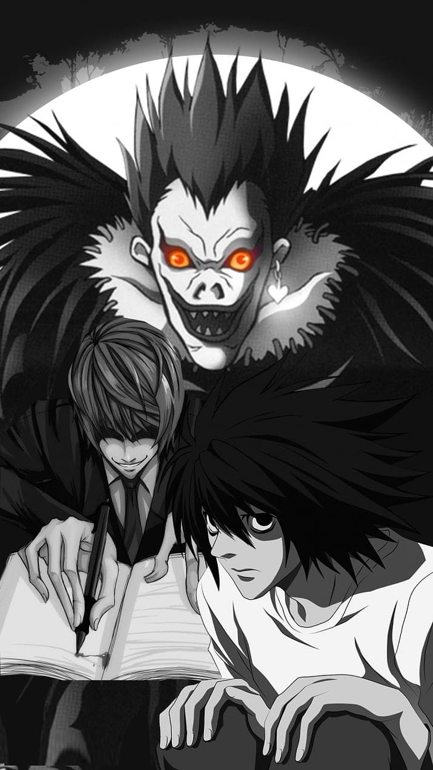 Death Note Anime Characters L and Light Yagami with Ryuk in Black and White Manga Art HD phone wallpaper