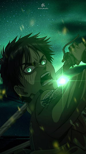 Eren Yeager Anime Character with Glowing Green Eyes and Sword Under Starry Night Sky HD phone wallpaper