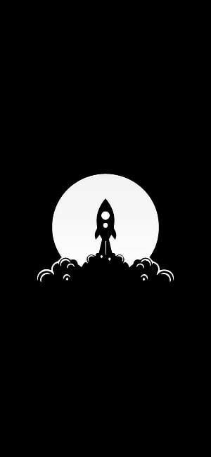 Minimalist Black and White Rocket Launching Against a Large Moon Silhouette HD phone wallpaper