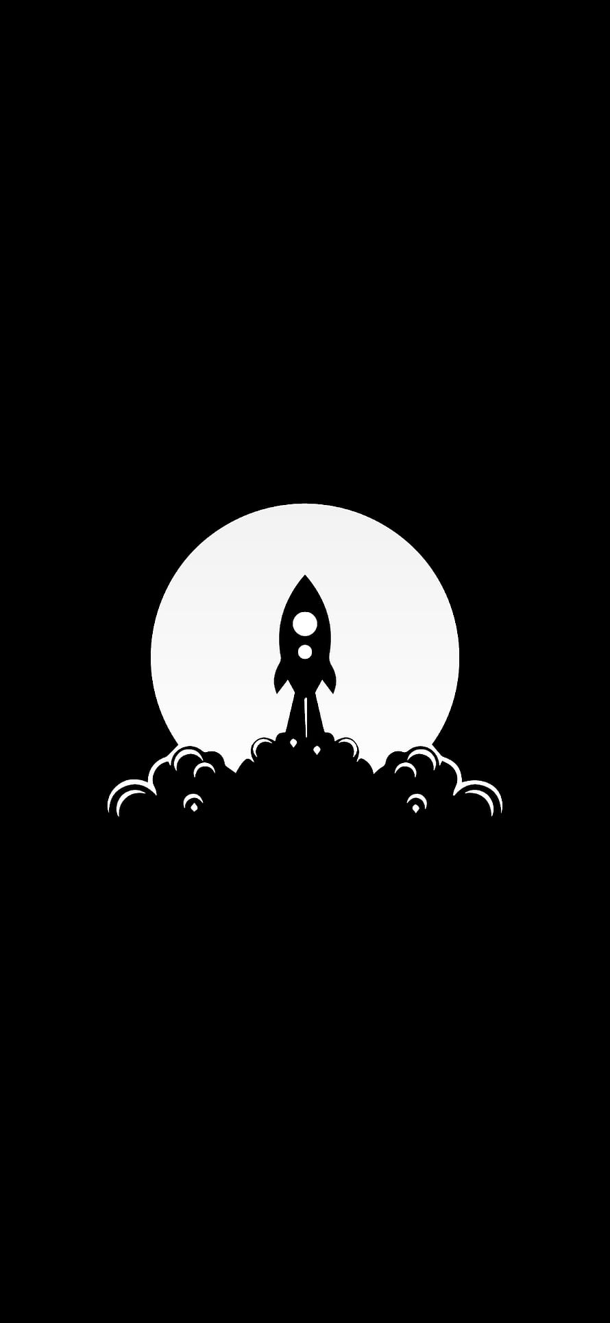 Minimalist Black and White Rocket Launching Against a Large Moon Silhouette HD phone wallpaper