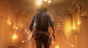 Red Dead Redemption 2 outlaw walking through fiery grand hall with rifle and revolver HD wallpaper
