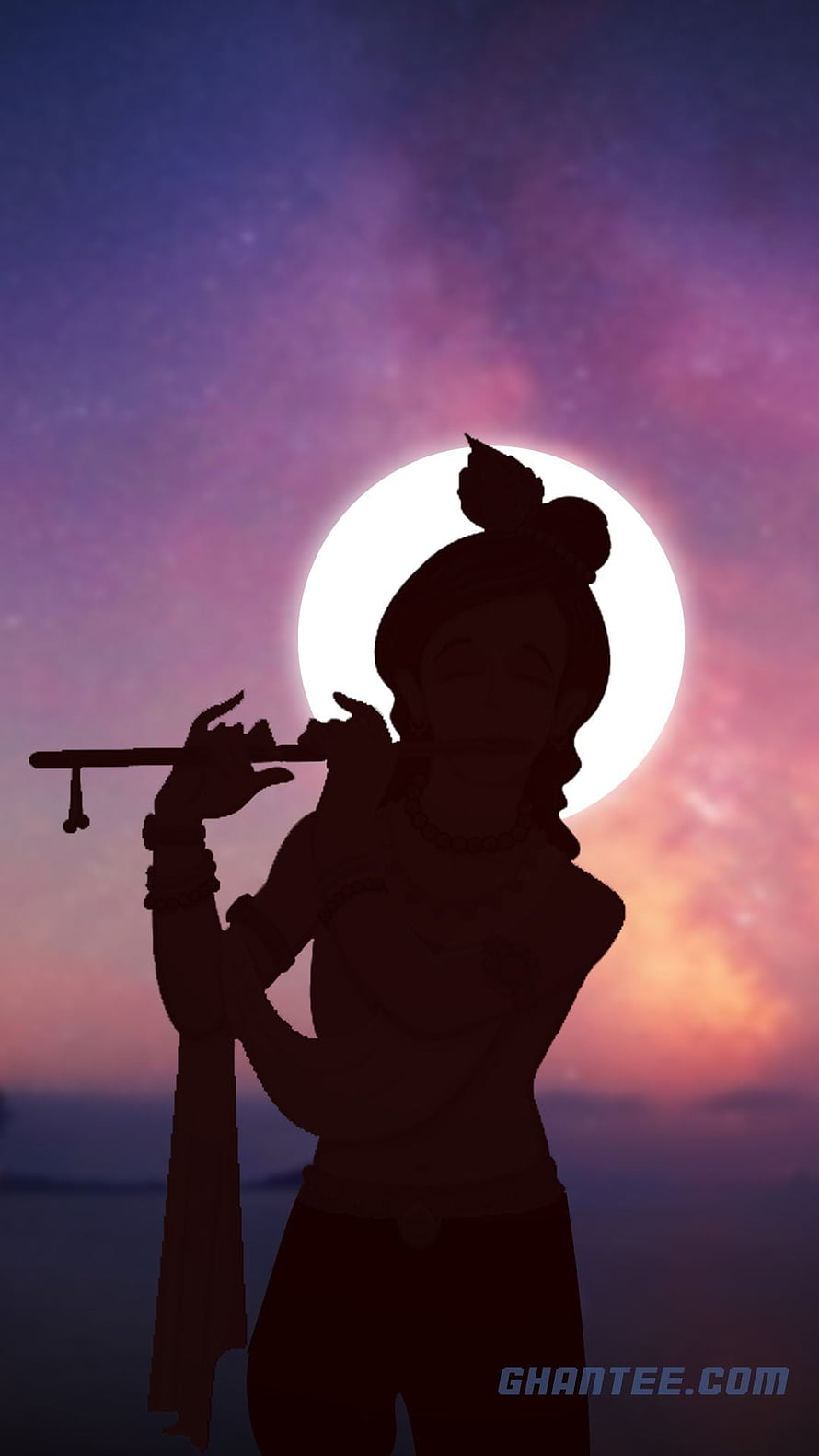Silhouette of Lord Krishna Playing Flute Against a Glowing Full Moon and Purple Sky HD phone wallpaper