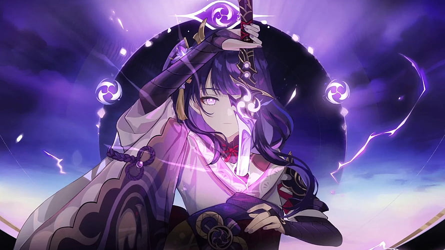 Raiden Shogun wielding Electro sword with purple lightning and Inazuma symbols HD wallpaper