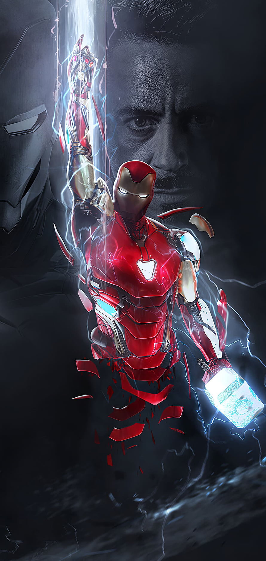 Iron Man wielding Thor's hammer with lightning and Tony Stark background, Top 85 Best Iron Man ( + ), Iron Man HD phone wallpaper