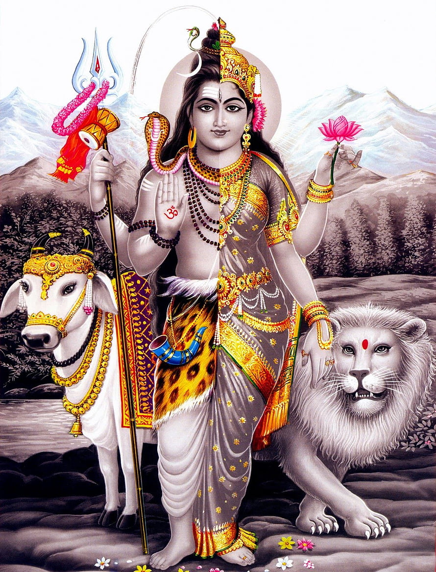 Lord Shiva Hindu Deity with Nandi Bull and Lion in Himalayan Landscape HD phone wallpaper