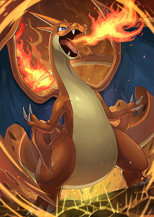 Mega Charizard Roaring With Fire Breath in Dramatic Anime Illustration HD phone wallpaper