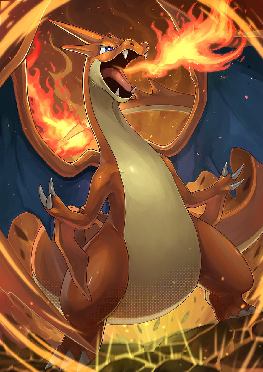 Mega Charizard Roaring With Fire Breath in Dramatic Anime Illustration HD phone wallpaper