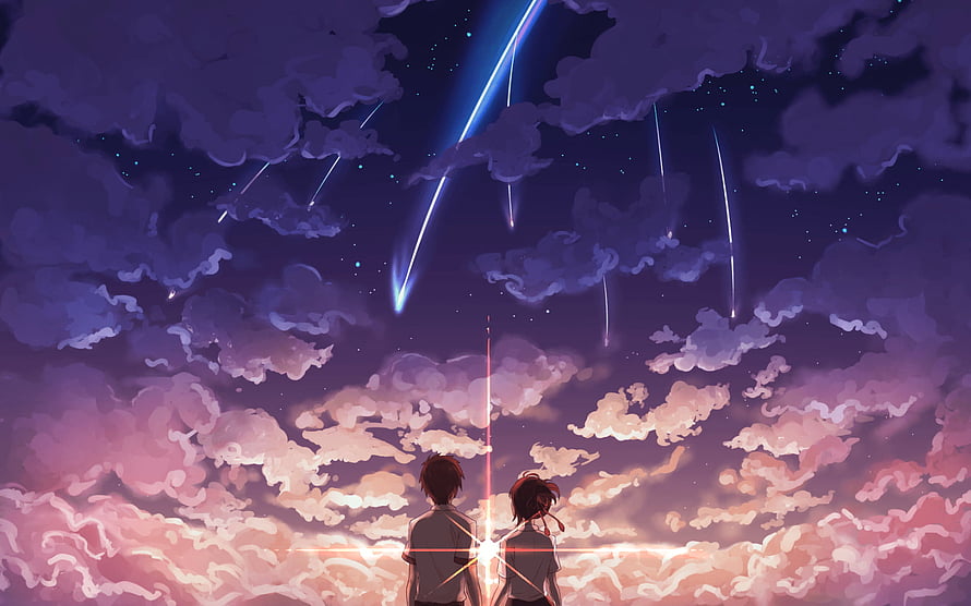 Anime Couple Watching Meteor Shower Under Purple and Pink Cloudy Night Sky HD wallpaper
