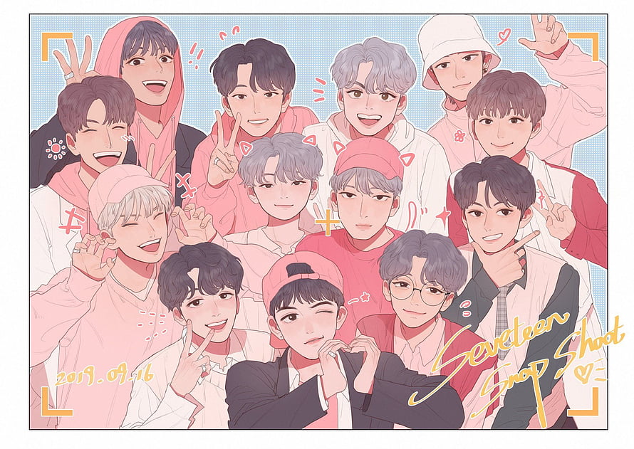 Seventeen K-pop Group Anime Style Illustration Pink Hoodies Snap Shot HD wallpaper