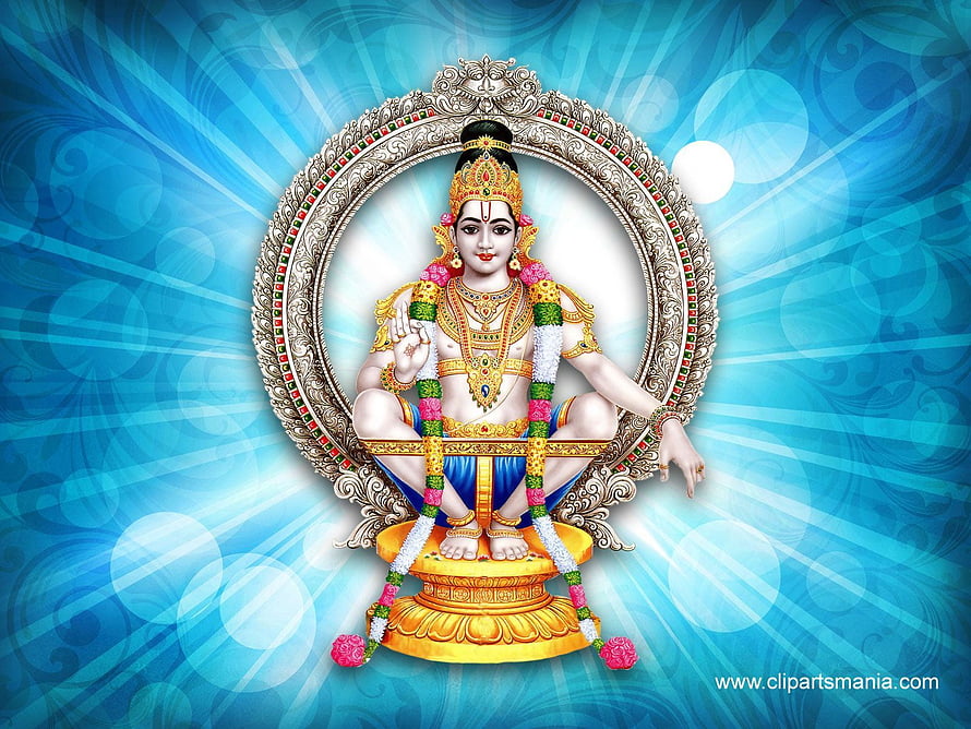 Lord Ayyappa Hindu Deity Sitting on Golden Throne with Blue Background HD wallpaper