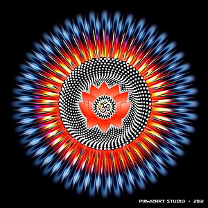 Vibrant 3D Om Mandala with Lotus Flower and Radiant Energy Burst on Black Background HD phone wallpaper