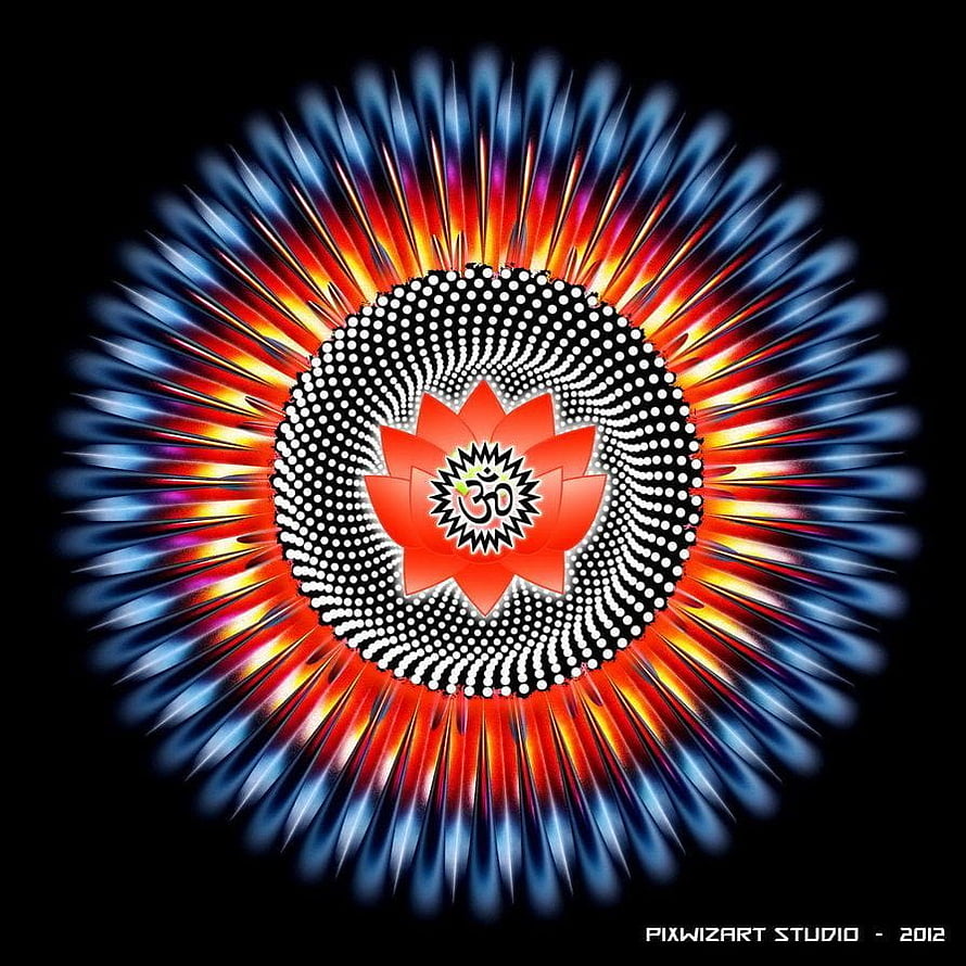 Vibrant 3D Om Mandala with Lotus Flower and Radiant Energy Burst on Black Background HD phone wallpaper