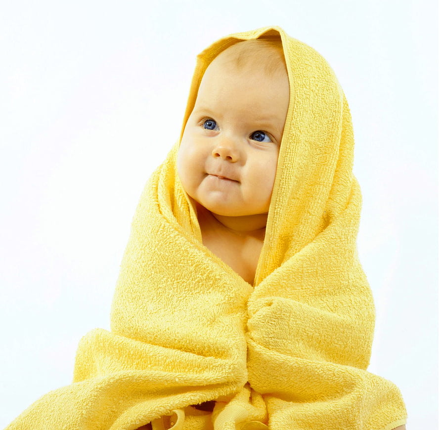 Adorable Baby Boy Wrapped in a Soft Yellow Hooded Towel HD wallpaper