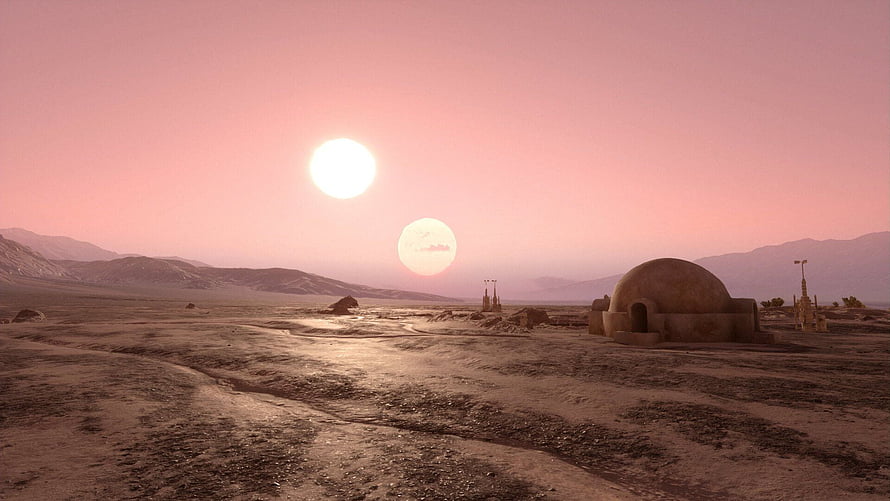 Tatooine Desert Landscape with Twin Suns and Dune Homestead HD wallpaper