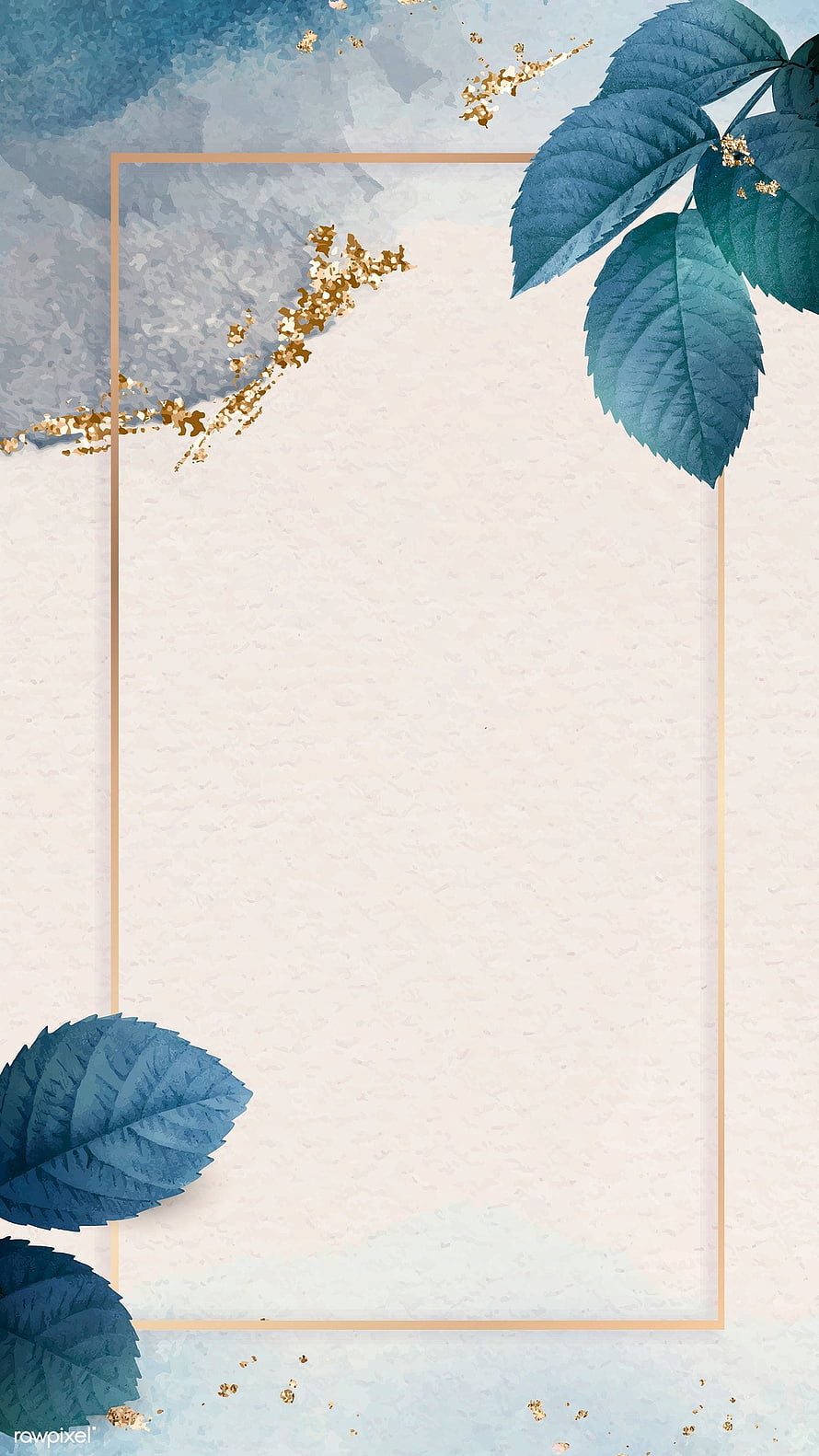 Elegant Blue Leaves and Gold Foil Accents on Textured Cream Background HD phone wallpaper