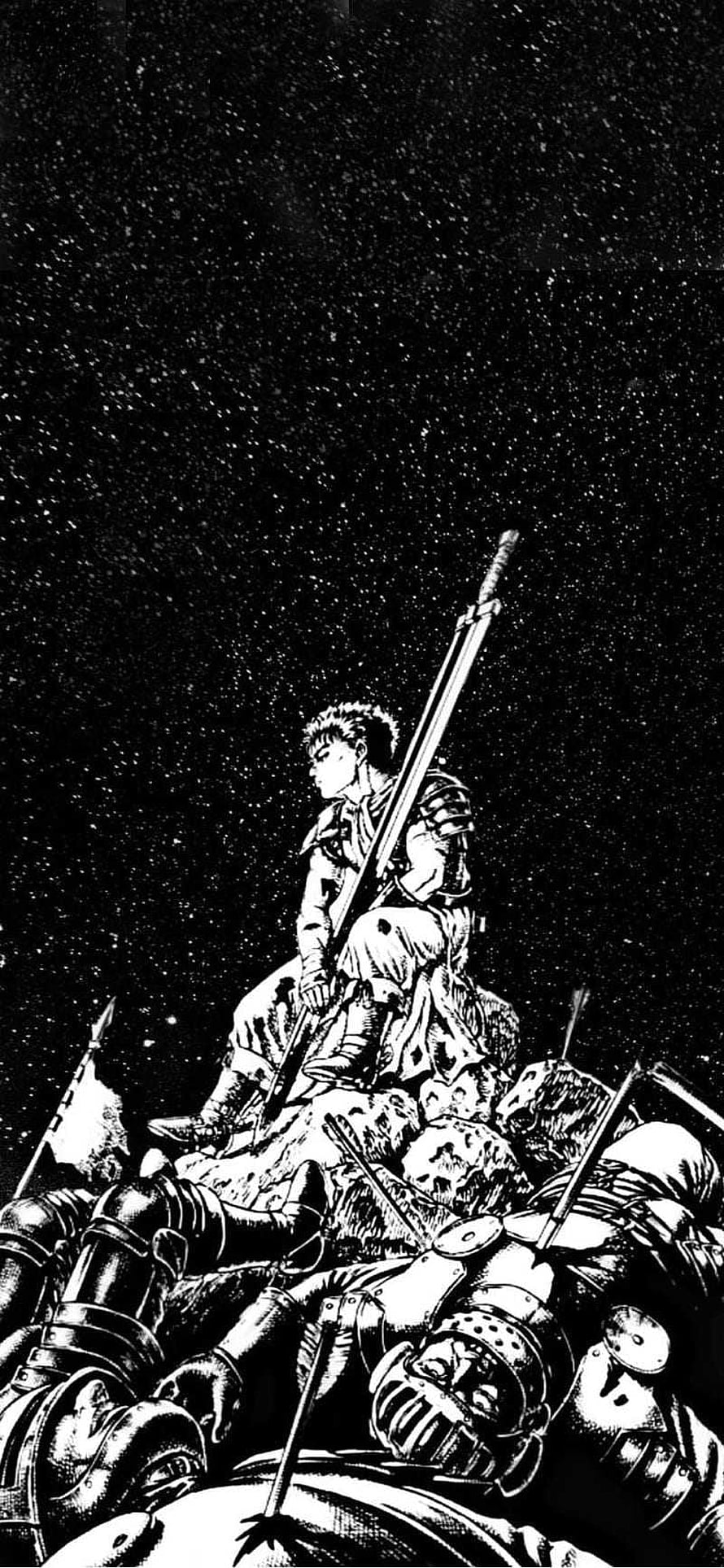 Berserk Guts Sitting on a Pile of Fallen Knights Under a Starry Night Sky HD phone wallpaper