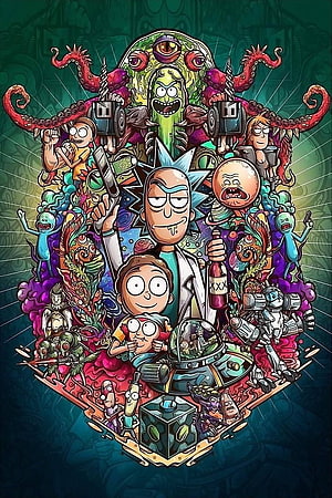 Rick and Morty Character Ensemble Poster with Psychedelic Alien Background HD phone wallpaper