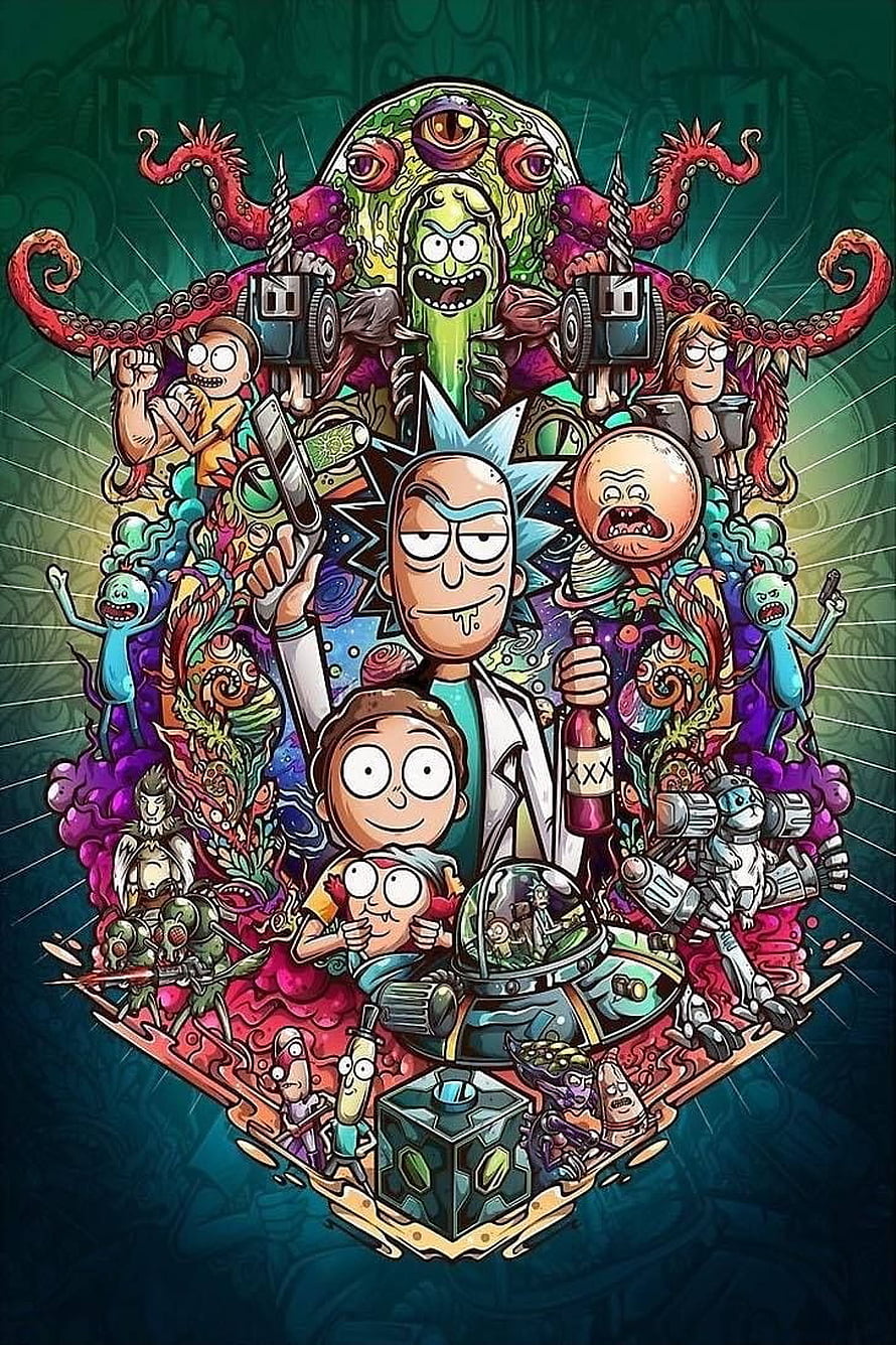 Rick and Morty Character Ensemble Poster with Psychedelic Alien Background HD phone wallpaper
