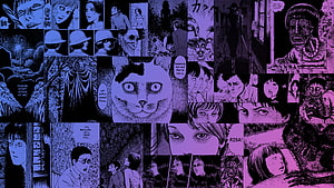 Junji Ito Manga Panel Collage Featuring Horror Characters and Cat in Purple and Blue Tones HD wallpaper