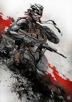 Snake from Metal Gear Solid in Tactical Gear Holding an Assault Rifle in a Dynamic Ink Painting Style HD phone wallpaper
