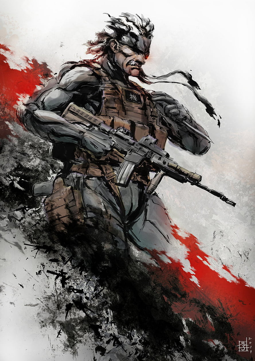 Snake from Metal Gear Solid in Tactical Gear Holding an Assault Rifle in a Dynamic Ink Painting Style HD phone wallpaper