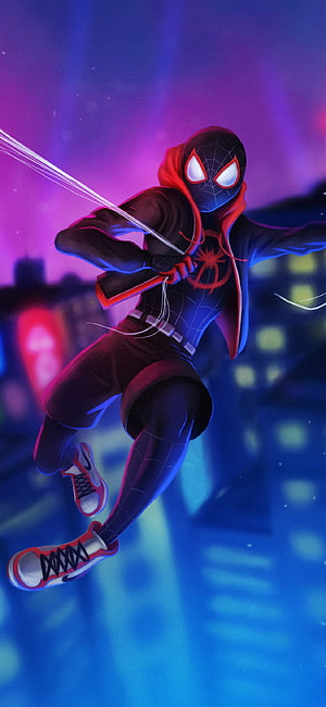 Miles Morales Spider-Man Swinging Through Neon City Night, Spiderman - Miles Morales X - , Spider Man HD phone wallpaper