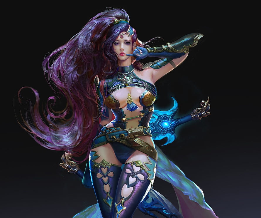 Fantasy Warrior Woman With Flowing Purple Hair And Ornate Blue Armor, Fantasy girl, black, fantasy, blue, purple, frumusete, girl HD wallpaper
