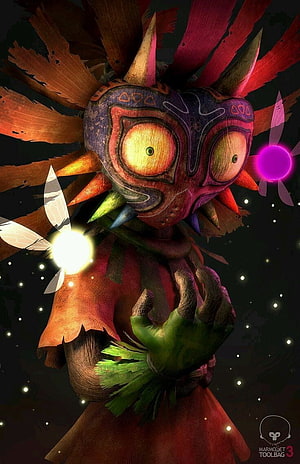 Majora's Mask from The Legend of Zelda: Majora's Mask in a dark cosmic setting with glowing orbs and starry background HD phone wallpaper