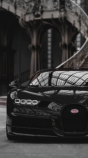 Black Bugatti Chiron Super Car Front View in Grand Hall with Ornate Architecture HD phone wallpaper