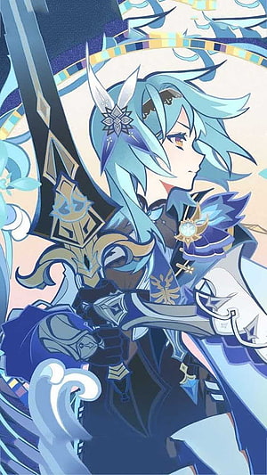 Eula Lawrence from Genshin Impact in ornate blue armor holding a greatsword HD phone wallpaper