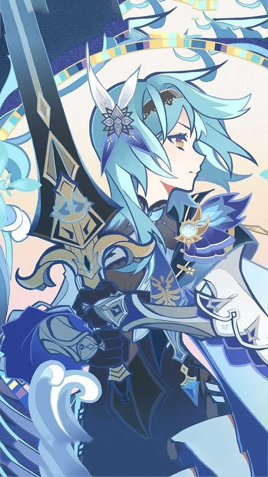 Eula Lawrence from Genshin Impact in ornate blue armor holding a greatsword HD phone wallpaper