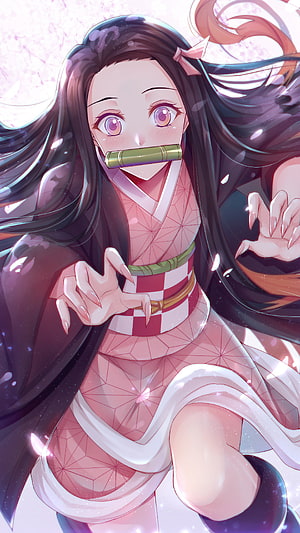 Nezuko Kamado from Demon Slayer in Pink Kimono with Bamboo Mouthpiece Anime Art HD phone wallpaper
