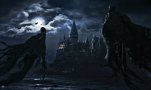 Dark Cloaked Figures Staring at Hogwarts Castle Under Moonlight HD wallpaper