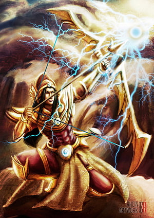 Fantasy Archer Warrior Drawing Lightning Bolt with Golden Bow HD phone wallpaper