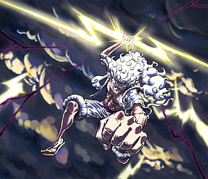 One Piece Gear 5 Nika Form Luffy Wielding Lightning in Dynamic Anime Action Pose HD wallpaper