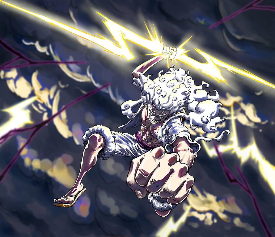 One Piece Gear 5 Nika Form Luffy Wielding Lightning in Dynamic Anime Action Pose HD wallpaper