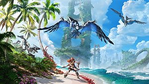 Aloy and Rostram on a Tropical Island in Horizon Forbidden West HD wallpaper