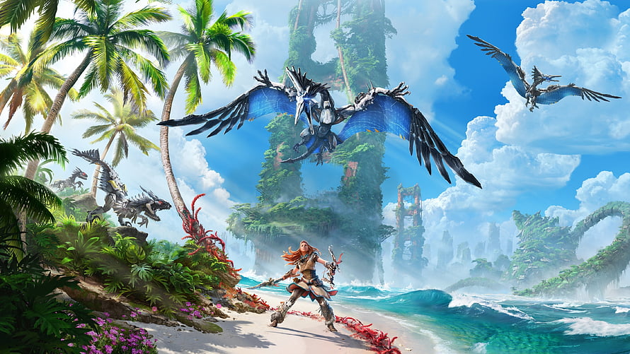 Aloy and Rostram on a Tropical Island in Horizon Forbidden West HD wallpaper