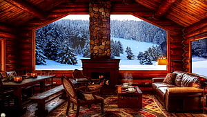 Cozy Log Cabin Interior with Stone Fireplace and Snowy Forest View HD wallpaper