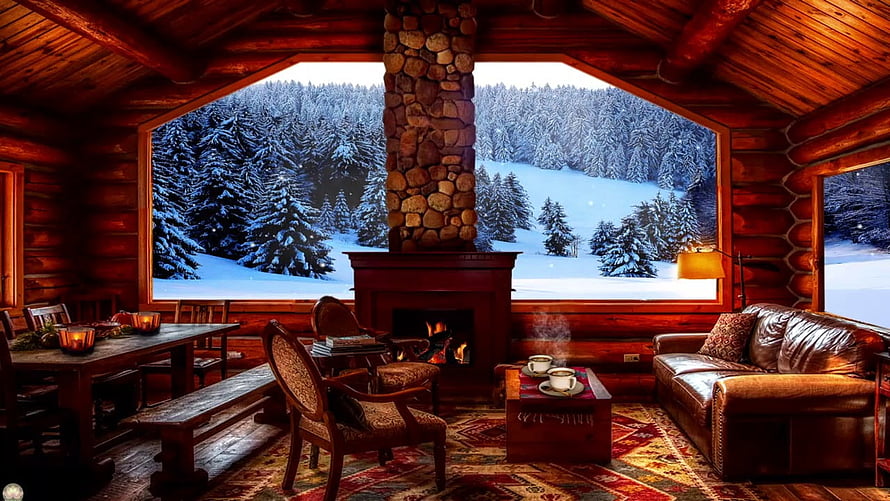 Cozy Log Cabin Interior with Stone Fireplace and Snowy Forest View HD wallpaper