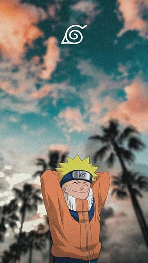 Naruto Uzumaki relaxing under palm trees with sunset sky and Konoha symbol HD phone wallpaper