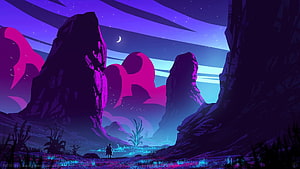 Neon Fantasy Canyon Landscape with Silhouetted Figure and Crescent Moon HD wallpaper