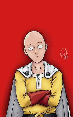 Saitama from One Punch Man in yellow suit with red gloves and white cape on red background, Saitama by Phebonoski - 46 now. Browse millions of popular one punch. Saitama one punch, Saitama one punch man, One punch man, Cool Saitama HD phone wallpaper