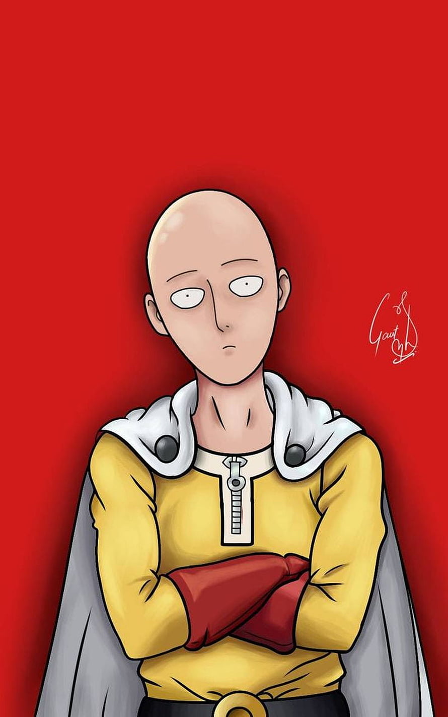 Saitama from One Punch Man in yellow suit with red gloves and white cape on red background, Saitama by Phebonoski - 46 now. Browse millions of popular one punch. Saitama one punch, Saitama one punch man, One punch man, Cool Saitama HD phone wallpaper