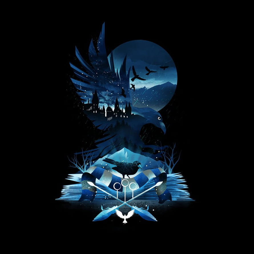 Ravenclaw House Crest and Owl Illustration with Hogwarts Castle and Quidditch Elements HD phone wallpaper