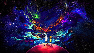 Rick and Morty Exploring a Vibrant Cosmic Nebula on a Red Planet HD wallpaper