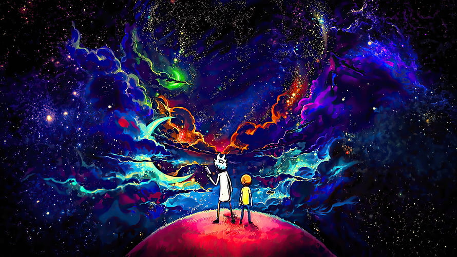Rick and Morty Exploring a Vibrant Cosmic Nebula on a Red Planet HD wallpaper