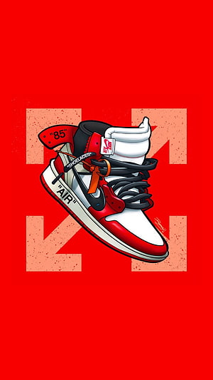 Illustrated Nike Air Jordan 1 High sneaker in red and white on a bold red background HD phone wallpaper